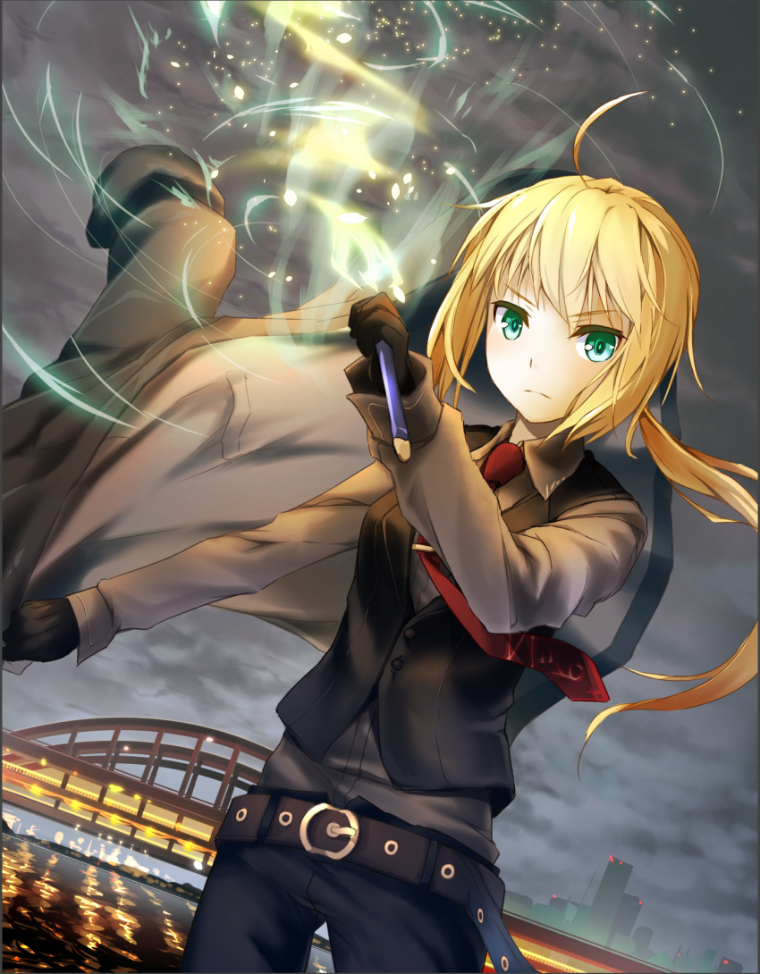 1girl ahoge belt black_pants black_shirt blonde_hair bridge clouds dutch_angle fate/zero fate_(series) green_eyes hellnyaa highres holding holding_sword holding_weapon long_hair looking_at_viewer necktie night outdoors pants red_necktie river saber shirt solo sword water weapon