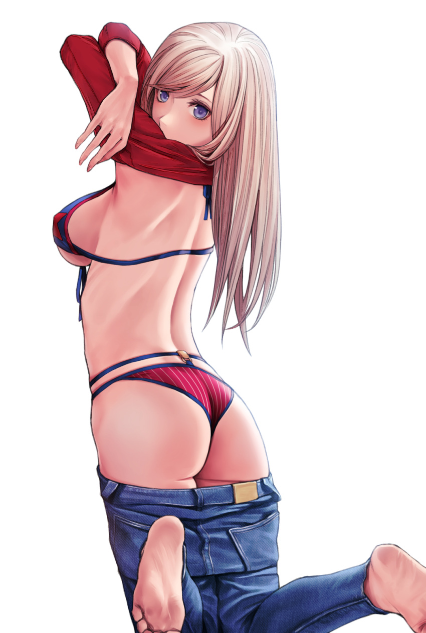 1girl american_flag_bikini applekun arms_up ass back barefoot bikini blonde_hair blue_eyes breasts clothes_lift clothes_pull denim fate/grand_order fate_(series) flag_print foot_out_of_frame from_behind hair_down halterneck highres jeans kneeling large_breasts long_hair long_sleeves looking_at_viewer looking_back miyamoto_musashi_(fate) miyamoto_musashi_(swimsuit_berserker)_(fate) pants pants_pull red_shirt shirt shirt_lift sideboob simple_background solo straight_hair swimsuit undressing white_background