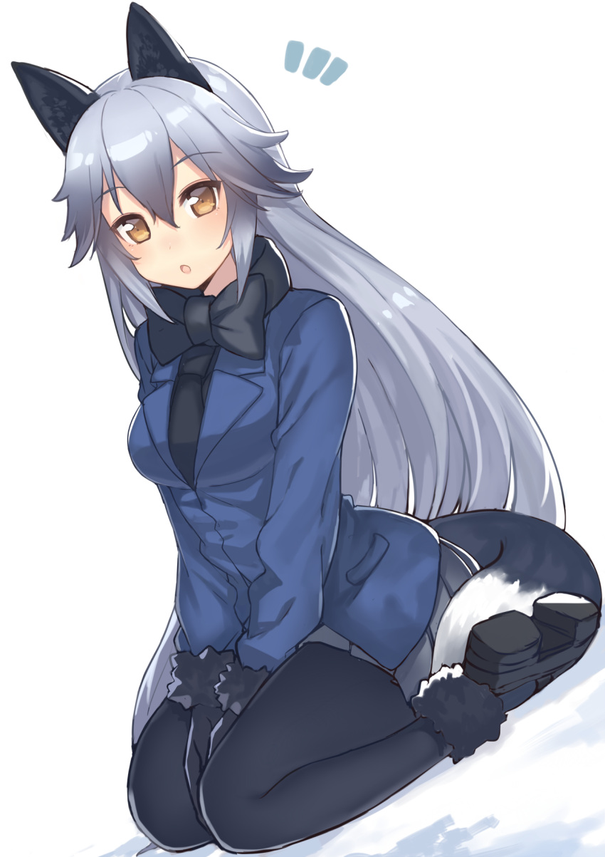1girl animal_ears bangs between_legs black_gloves black_legwear blush boots bow bowtie brown_eyes commentary_request eyebrows_visible_through_hair fox_ears fox_tail fur_trim gloves hair_between_eyes highres jacket kame^^ kemono_friends long_hair long_sleeves looking_at_viewer multicolored_hair open_mouth pantyhose pleated_skirt silver_fox_(kemono_friends) silver_hair simple_background sitting skirt solo tail v_arms wariza white_background