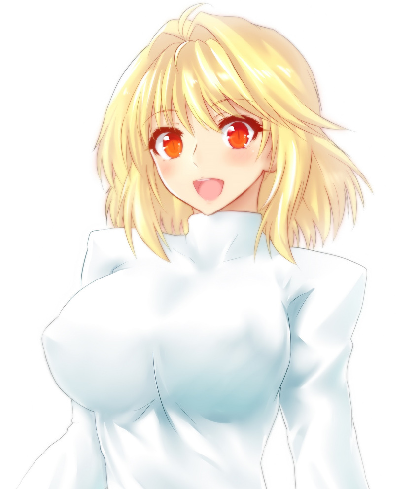 1girl :d ahoge arcueid_brunestud blonde_hair blush breasts energy_sword hair_intakes highres large_breasts looking_at_viewer minarai_tenna open_mouth red_eyes short_hair simple_background slit_pupils smile sweater sword tsukihime turtleneck upper_body weapon white_background