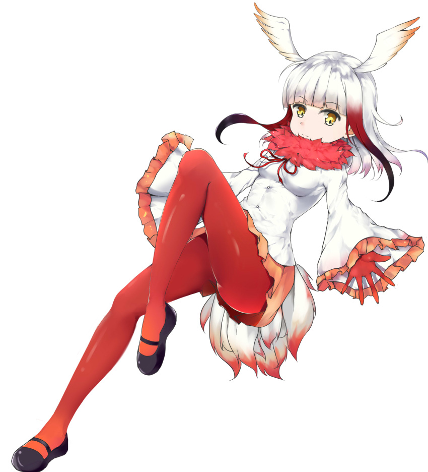 1girl absurdres bangs bird_tail black_shoes blunt_bangs breasts buttons closed_mouth collar eyebrows_visible_through_hair frilled_sleeves frills full_body fur_collar gloves gradient_hair head_wings highres japanese_crested_ibis_(kemono_friends) kemono_friends knee_up leg_up long_hair long_sleeves looking_at_viewer mary_janes midair miniskirt multicolored_hair neck_ribbon one_leg_raised outstretched_arms pantyhose pleated_skirt red_gloves red_legwear red_ribbon red_skirt redhead ribbon shirt shoes sidelocks silver_hair simple_background skirt sleeves_past_wrists small_breasts solo spread_fingers tail two-tone_hair wecna white_background white_shirt wide_sleeves wings yellow_eyes