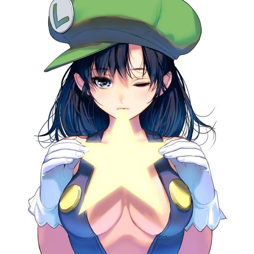 1girl bangs black_hair blue_eyes breasts female genderswap genderswap_(mtf) gloves green_hat hat highres large_breasts lips looking_at_viewer luigi super_mario_bros. masao naked_overalls one_eye_closed overalls short_hair simple_background solo star super_mario_bros. swept_bangs upper_body white_background white_gloves