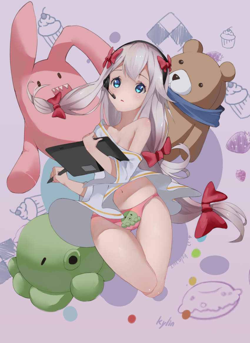 1girl animal_print artist_name bangs bare_shoulders blue_eyes blue_scarf blush bow breasts cleavage collarbone dated drawing_tablet eromanga_sensei full_body gluteal_fold hair_bow hands_up headset highres holding holding_pen izumi_sagiri legs_together legs_up long_hair looking_at_viewer low-tied_long_hair navel off-shoulder_shirt open_mouth panties pink_bow pink_panties scarf shirt sidelocks silver_hair small_breasts solo stuffed_animal stuffed_bunny stuffed_octopus stuffed_toy stylus teddy_bear thigh_gap underwear underwear_only very_long_hair yun_lin