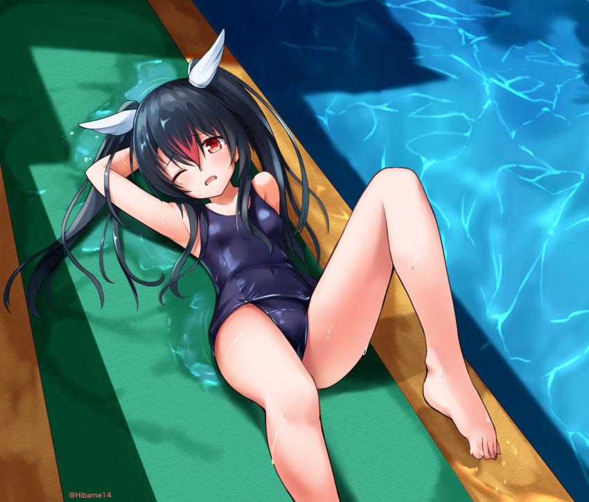 1girl akabane_hibame barefoot black_hair blue_swimsuit full_body hand_behind_head head_wings long_hair looking_at_viewer lying multicolored_hair old_school_swimsuit one_eye_closed original poolside puddle red_eyes redhead school_swimsuit solo swimsuit twintails twitter_username two-tone_hair water