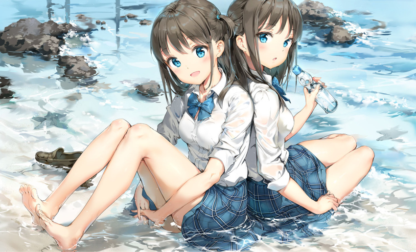 2girls anmi back-to-back bangs bare_legs barefoot beach black_hair blue_eyes blush bottle day feet leg_hug loafers long_hair long_sleeves looking_at_viewer multiple_girls no_shoes ocean one_side_up open_mouth original outdoors pleated_skirt sand school_uniform serafuku shoes shoes_removed sitting skirt sleeves_rolled_up smile toes water wet wet_clothes yokozuwari