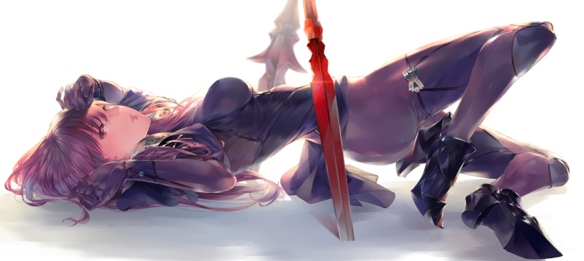 1girl armor ass bodysuit breasts fate/grand_order fate_(series) full_body gae_bolg highres large_breasts long_hair looking_to_the_side pauldrons polearm purple_bodysuit purple_hair red_eyes sawasawa scathach_(fate/grand_order) shoulder_armor solo spear very_long_hair weapon