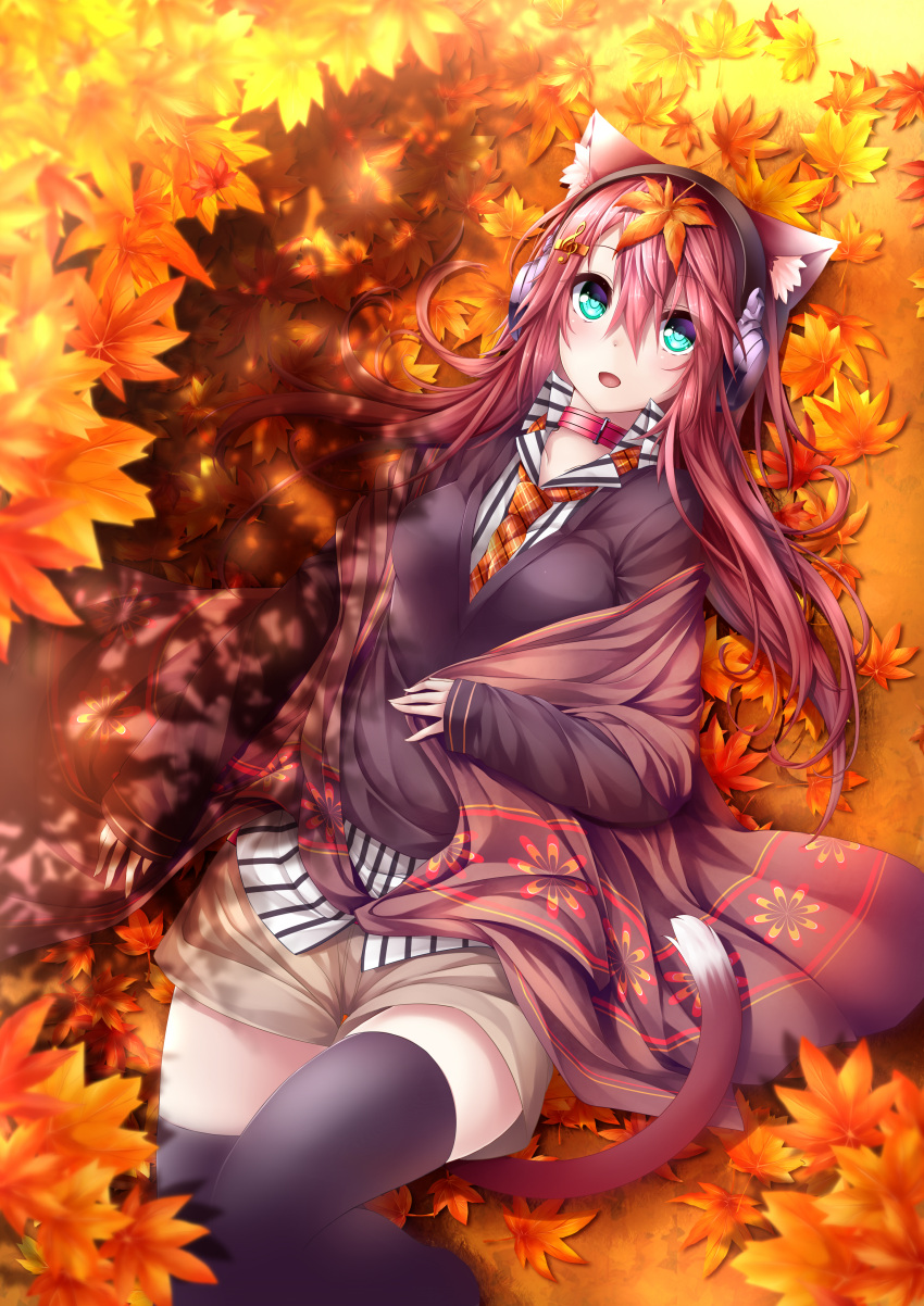 1girl :d absurdres animal_ears autumn autumn_leaves black_legwear black_sweater breasts brown_hair brown_shorts cardigan cat_ears cat_girl cat_tail chabaneko collar collared_shirt cowboy_shot dress_shirt eyebrows_visible_through_hair green_eyes hair_between_eyes hair_ornament hairclip headphones heart heart-shaped_pupils highres knee_up leaf leaf_on_head legs_together long_hair long_sleeves looking_at_viewer lying maple_leaf medium_breasts musical_note_hair_ornament necktie open_mouth original plaid plaid_necktie redhead shirt short_shorts shorts smile solo striped striped_shirt sweater symbol-shaped_pupils tail thigh-highs vertical-striped_shirt vertical_stripes white_shirt wing_collar yonari_phone_neon