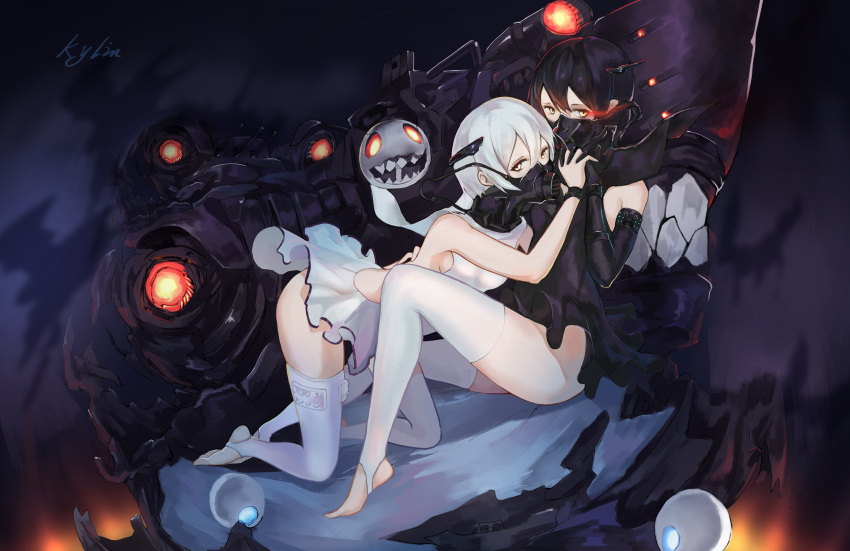 2girls absurdres abyssal_twin_hime_(black) abyssal_twin_hime_(white) ankle_wraps artist_name bangs barefoot black_hair breasts dress elbow_gloves gloves glowing glowing_eyes hair_between_eyes hand_holding hands_together headgear highres interlocked_fingers kantai_collection kneeling leaning_on_person legs looking_at_viewer medium_breasts multiple_girls oxygen_mask shinkaisei-kan short_dress short_hair sitting sleeveless sleeveless_dress thigh-highs toeless_legwear underwater white_hair yellow_eyes yun_lin