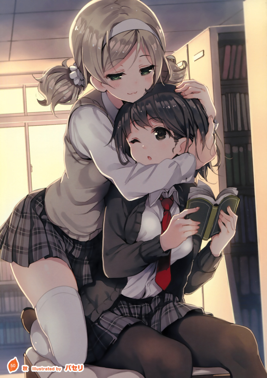 2girls :3 ;o absurdres bangs black_hair black_legwear black_skirt blonde_hair book bookshelf breasts cardigan closed_mouth eyebrows_visible_through_hair green_eyes grey_skirt hairband half-closed_eyes head_hug highres holding holding_book hug hug_from_behind indoors legs_apart library looking_at_another looking_back medium_breasts multiple_girls necktie one_eye_closed open_book open_cardigan open_clothes open_mouth original pantyhose paseri plaid plaid_skirt platinum_blonde pleated_skirt red_necktie school_uniform sitting skirt smile solo thigh-highs thighs twintails white_legwear