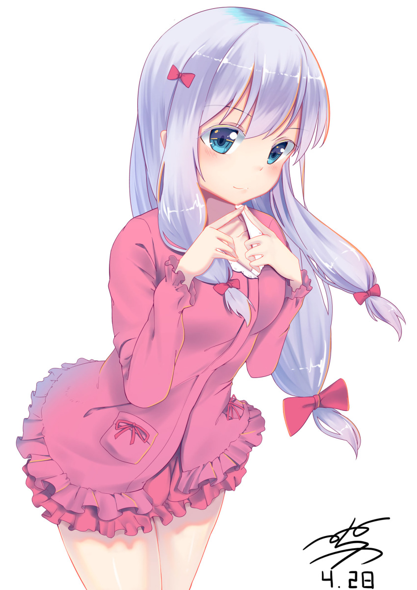 1girl bangs blue_eyes blush bow breasts collarbone cowboy_shot dated eromanga_sensei eyebrows_visible_through_hair fingers_together frilled_sleeves frills hair_bow hands_up highres izumi_sagiri lavender_hair legs_together long_hair looking_at_viewer low-tied_long_hair menghuan_tian pajamas pink_bow pink_ribbon pocket ribbon sidelocks signature simple_background small_breasts smile solo white_background