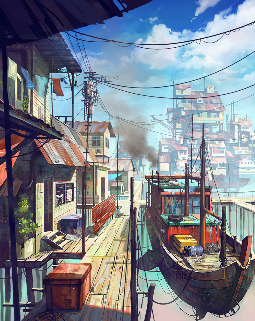 boat chong_feigiap cityscape clouds copyright_request crane day highres long_hair no_humans outdoors power_lines revision scenery sky smoke standing watercraft