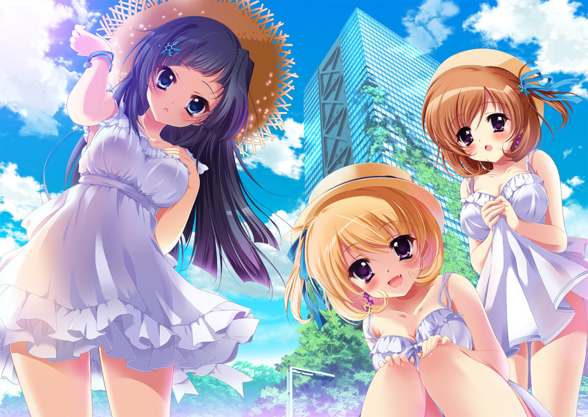 3girls :d bangs bare_arms black_hair blonde_hair blue_eyes blue_ribbon blush breast_suppress breasts brown_hair building cleavage clouds collarbone day dress eyebrows_visible_through_hair fang from_below hair_ornament hair_ribbon hands_on_own_knees hat ichi_rin jewelry lamppost leaning_to_the_side long_hair looking_at_viewer medium_breasts multiple_girls open_mouth original outdoors overgrown parted_lips revision ribbon short_hair side_ponytail single_earring skirt_hold sky sleeveless sleeveless_dress smile snowflake_hair_ornament spaghetti_strap squatting standing star straw_hat sundress tree violet_eyes white_dress