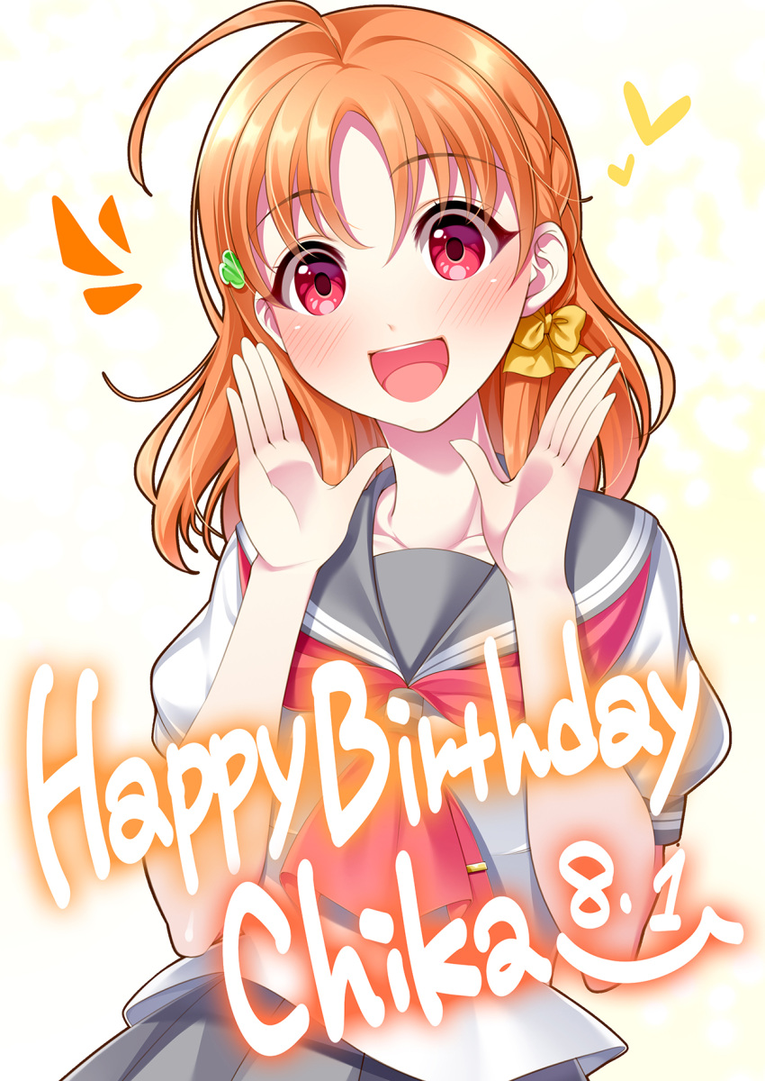 1girl ahoge bangs birthday blush braid character_name clover_hair_ornament collarbone commentary_request dated english_text eyebrows_visible_through_hair hair_ornament happy_birthday highres looking_at_viewer love_live! love_live!_sunshine!! medium_hair orange_hair red_eyes saikyo_pink_fp school_uniform short_sleeves side_braid solo takami_chika upper_body uranohoshi_school_uniform