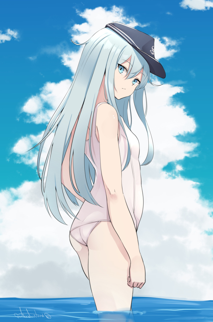 1girl anchor_symbol ass bare_arms black_hat blue_eyes blue_sky breasts clouds cloudy_sky day expressionless flat_cap hair_between_eyes hat hibiki_(kantai_collection) highres kantai_collection long_hair looking_at_viewer medium_breasts mitsukichi outdoors school_swimsuit silver_hair sky solo standing swimsuit twitter_username wading water white_school_swimsuit white_swimsuit