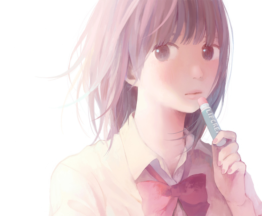 1girl blurry blurry_background brown_eyes brown_hair hinata_(lipcream) lip_balm looking_at_viewer original short_hair simple_background solo white_background wide-eyed