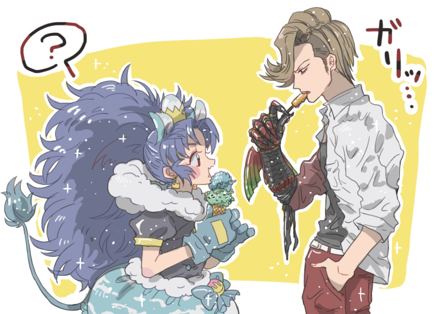 1boy 1girl ? animal_ears ankh_(ooo) blonde_hair blue_eyes blue_gloves blue_hair commentary_request company_connection crossover cure_gelato earrings eating extra_ears female food from_side gloves hand_in_pocket ice_cream jacket jewelry kamen_rider kamen_rider_ooo_(series) kirakira_precure_a_la_mode leather leather_jacket lion_ears lion_tail long_hair looking_at_another magical_girl male open_mouth pants popsicle precure profile red_pants shirt short_sleeves spoken_question_mark tail tategami_aoi text touei