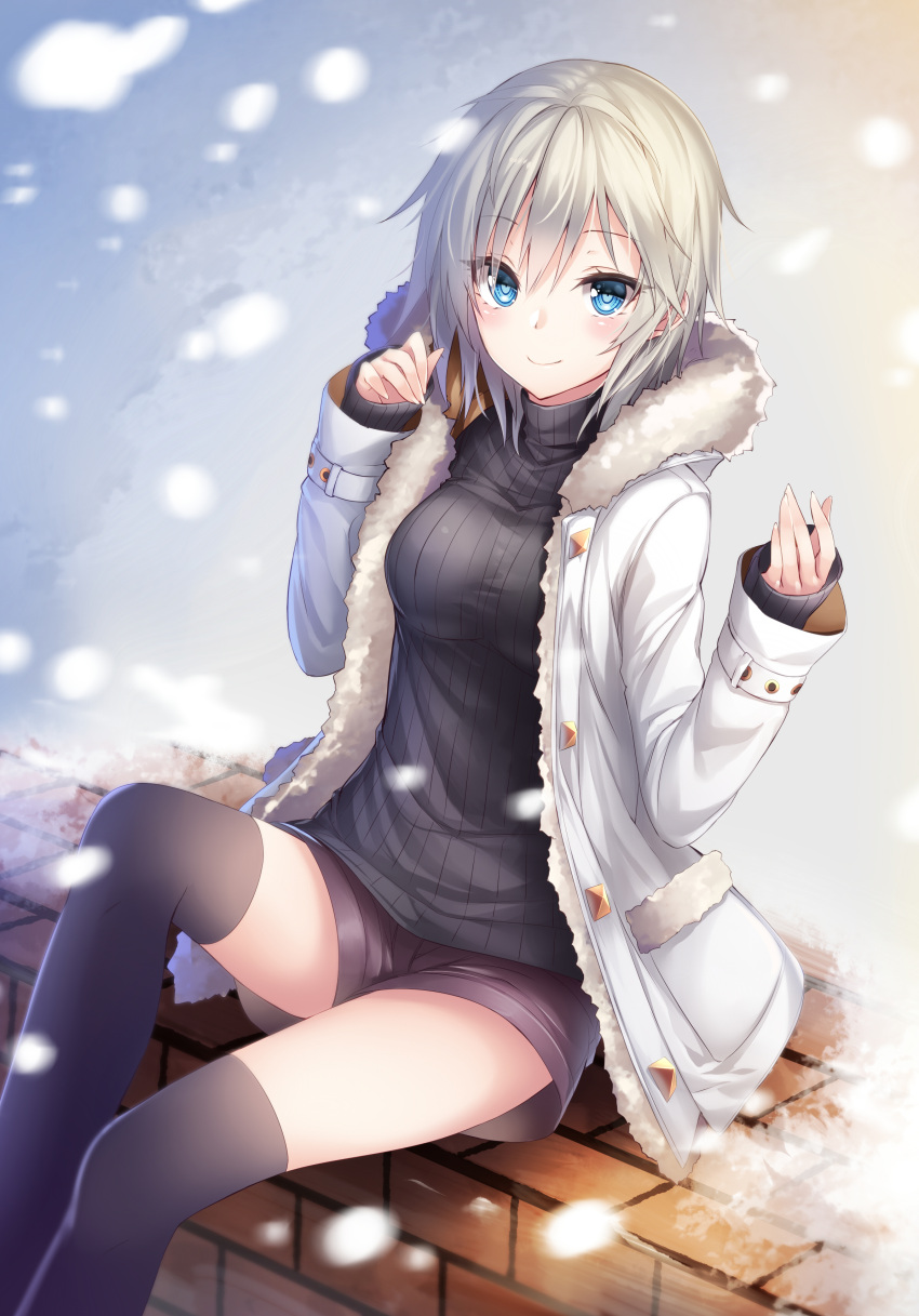 1girl absurdres anastasia_(idolmaster) bangs black_legwear black_sweater blue_eyes breasts brown_shorts buttons chabaneko closed_mouth coat cold eyebrows_visible_through_hair fingernails fur-trimmed_coat fur_trim hair_between_eyes hands_up heart heart-shaped_pupils highres idolmaster idolmaster_cinderella_girls knee_up long_sleeves looking_at_viewer medium_breasts ribbed_sweater short_hair short_shorts shorts sitting sleeves_past_wrists smile snowing solo sweater symbol-shaped_pupils thigh-highs turtleneck turtleneck_sweater white_hair winter_clothes winter_coat