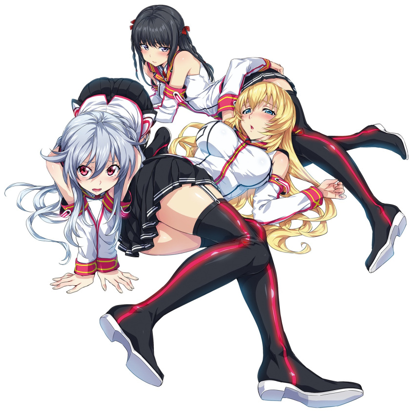 3girls :o all_fours arm_up bangs bare_shoulders black_boots black_hair black_legwear blonde_hair blue_eyes blush boots braid breasts breasts_apart chidorigafuchi_aine detached_sleeves embarrassed flipped_hair full_body garter_straps hair_between_eyes hand_on_another's_ass highres himekawa_hayuru hisashi_(nekoman) large_breasts long_hair looking_at_viewer lying masou_gakuen_hxh miniskirt multiple_girls official_art on_back on_stomach open_mouth pleated_skirt raised_eyebrows red_eyes school_uniform serafuku silver_hair simple_background skirt taut_clothes thigh-highs thigh_boots twin_braids twintails two_side_up v_arms very_long_hair white_background yurishia_farandole