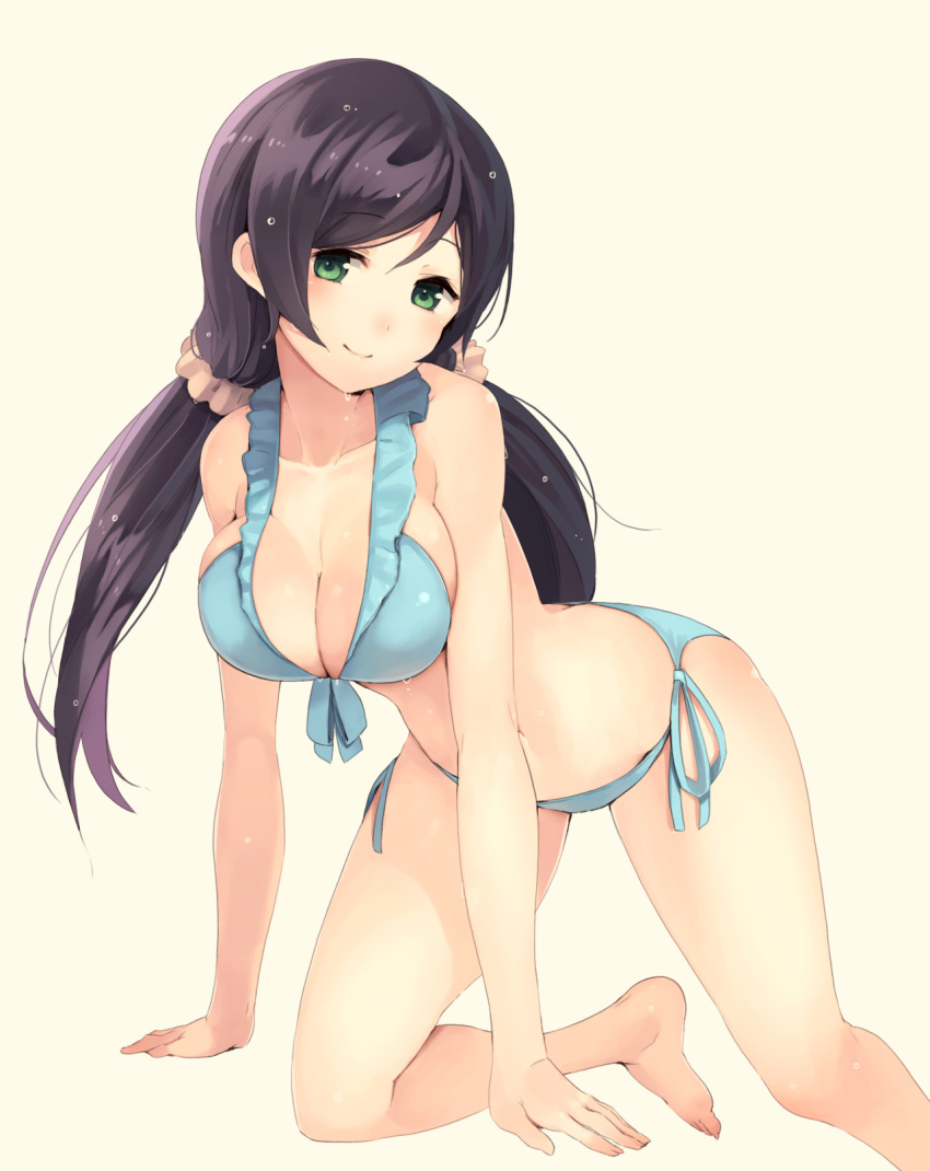 1girl all_fours aqua_bikini barefoot beige_background bikini blush breasts cleavage closed_mouth collarbone eyebrows_visible_through_hair front-tie_bikini front-tie_top green_eyes hair_ornament hair_scrunchie halter_top halterneck highres kneeling large_breasts light_smile long_hair looking_at_viewer love_live! love_live!_school_idol_project low_twintails paseri scrunchie side-tie_bikini simple_background smile solo swimsuit thighs toujou_nozomi twintails violet_eyes