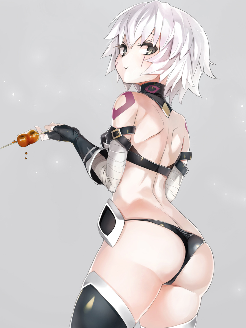 1girl :t arched_back arm_belt ass assassin_of_black back bandage bandaged_arm bangs bare_back bare_shoulders bikini black_bikini black_boots black_gloves boots breasts buckle butt_crack closed_mouth cowboy_shot dango detached_collar eating elbow_gloves facial_scar fate/grand_order fate_(series) fingerless_gloves food from_behind gloves green_eyes grey_background highres holding holding_food looking_at_viewer scar scar_across_eye short_hair shoulder_blades shoulder_tattoo silver_hair simple_background small_breasts solo standing swimsuit taishi_(picchiridou) tattoo thigh-highs thigh_boots tsurime wagashi