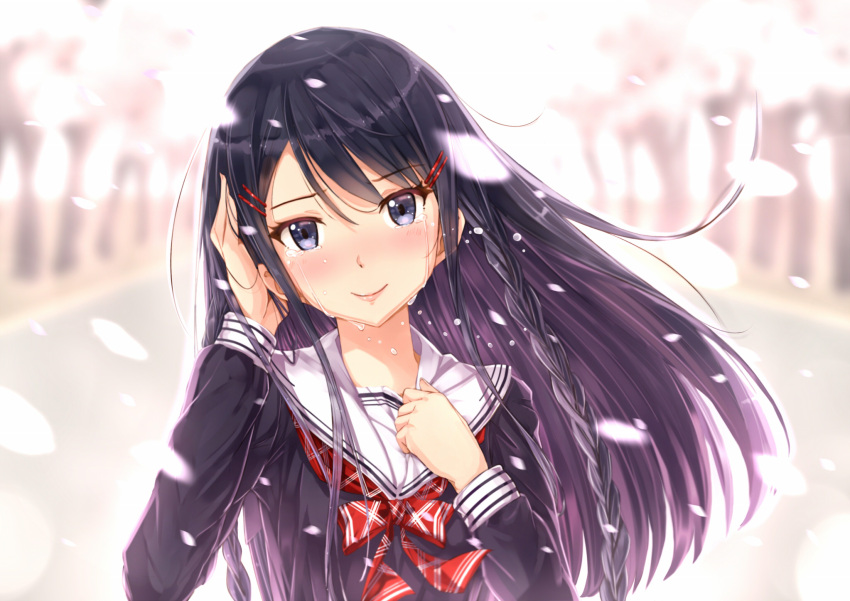 1girl black_hair blue_eyes blurry blurry_background cherry_blossoms crying crying_with_eyes_open hair_ornament hairclip highres kazeno looking_at_viewer original petals school_uniform serafuku solo tears