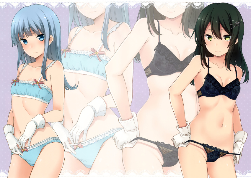 2girls :| absurdres black_bra black_hair black_panties blue_bra blue_eyes blue_hair blue_panties blush bow bow_bra bow_panties bra breasts cleavage closed_mouth collarbone detexted eyebrows_visible_through_hair gloves green_eyes hair_ornament hairclip hatsukaze_(kantai_collection) highres hime_cut kantai_collection lace lace-trimmed_bra lace-trimmed_panties long_hair looking_at_viewer multiple_girls nagami_yuu navel oyashio_(kantai_collection) panties panty_lift panty_pull purple_background scan small_breasts smile underwear underwear_only zoom_layer