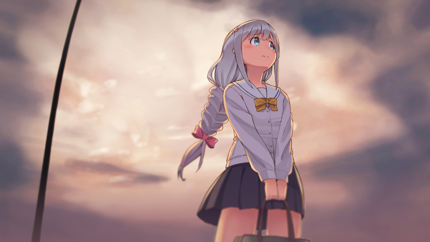 1girl bag bangs black_skirt blue_eyes blush bow bowtie braid buttons closed_mouth clouds cloudy_sky coffeiz_p eromanga_sensei eyebrows_visible_through_hair hair_bow highres holding holding_bag izumi_sagiri lamppost legs_apart long_hair long_sleeves miniskirt outdoors pleated_skirt school_bag school_uniform shirt shoulder_bag sidelocks silver_hair single_braid skirt sky solo standing yellow_bow yellow_bowtie