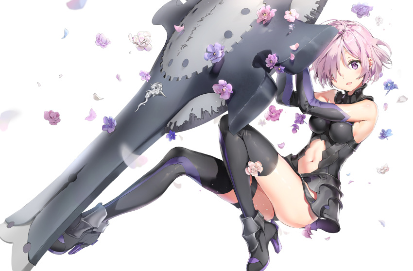 1girl anmi armor armored_dress black_legwear fate/grand_order fate_(series) flower full_body hair_over_one_eye highres looking_at_viewer navel petals purple_hair shield shielder_(fate/grand_order) short_hair simple_background solo thigh-highs violet_eyes white_background