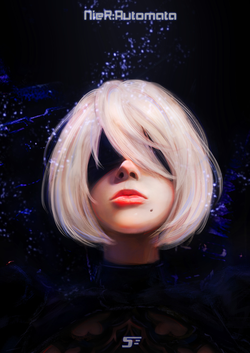 1girl black_blindfold black_dress blindfold closed_mouth covered_eyes dress facing_viewer highres lips mole mole_under_mouth nier_(series) nier_automata nose portrait red_lips short_hair solo spiz turtleneck white_hair yorha_no._2_type_b