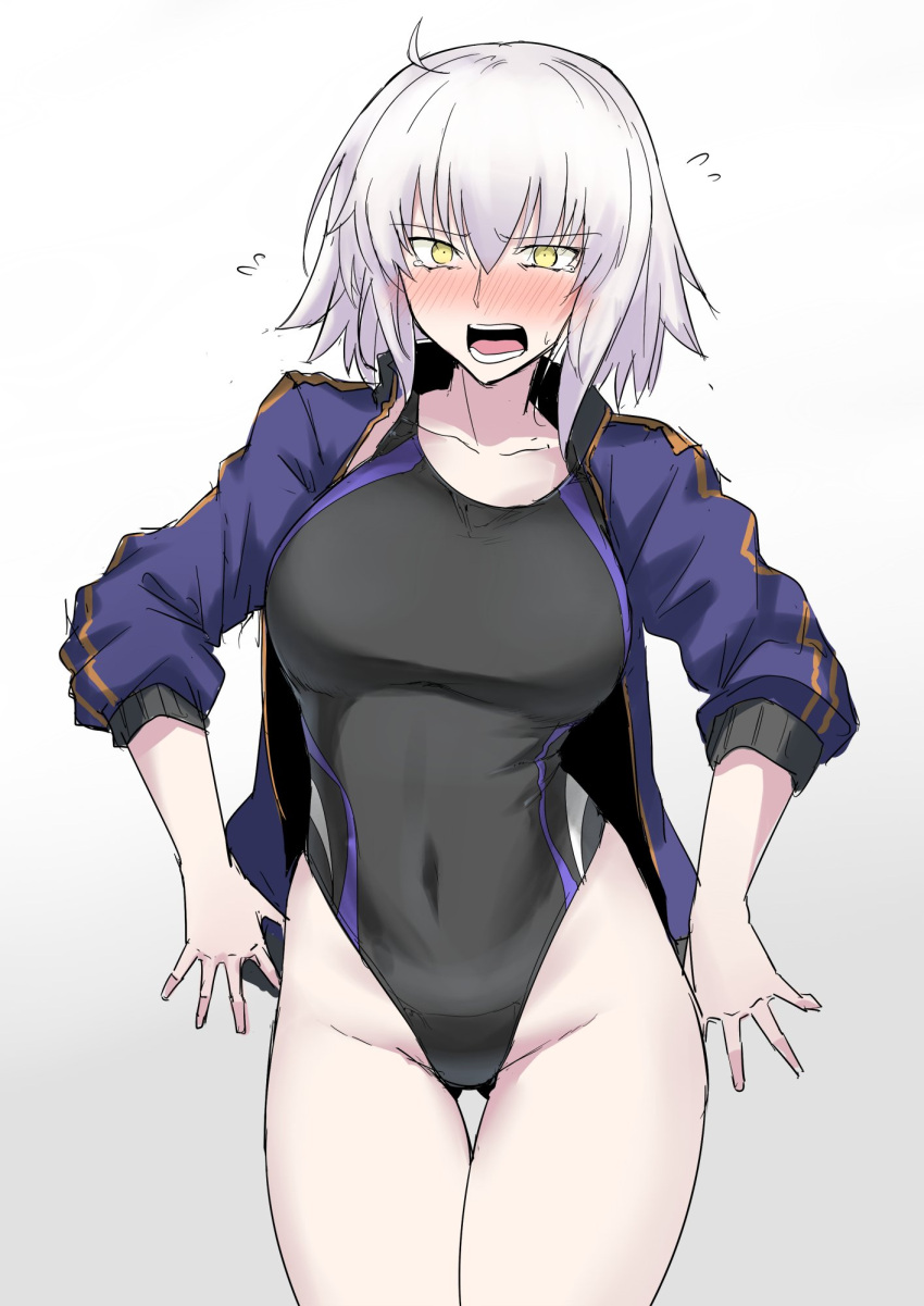 &gt;:o 1girl :o against_wall blush breasts competition_swimsuit covered_navel fate/grand_order fate_(series) flying_sweatdrops gluteal_fold hair_between_eyes harukon_(halcon) highres jacket jeanne_alter large_breasts light_brown_hair nervous one-piece_swimsuit open_clothes open_jacket ruler_(fate/apocrypha) solo swimsuit swimsuit_under_clothes tears thigh_gap yellow_eyes