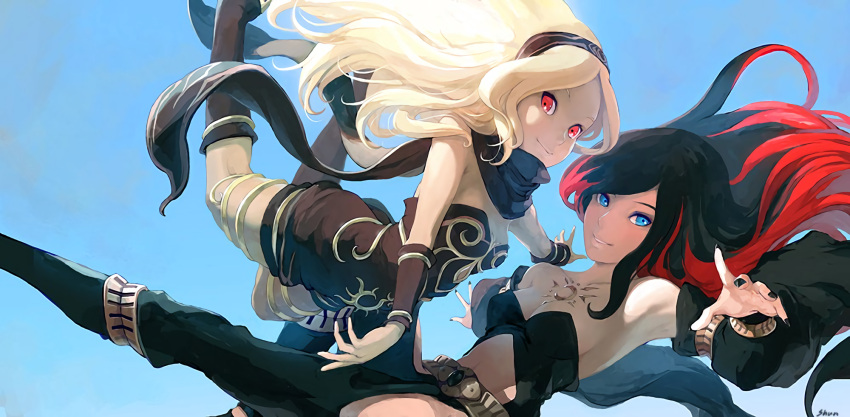2girls bangs black_hair black_hairband blonde_hair blue_eyes blue_sky boots breast_tattoo breasts cleavage closed_mouth crow_(gravity_daze) dark_skin falling female floating floating_hair girl_on_top gravity_daze grin hairband highres jewelry kitten_(gravity_daze) looking_at_viewer medium_breasts multicolored multicolored_hair multiple_girls nail_polish navel official_art parted_bangs parted_lips red_eyes redhead revealing_clothes saitou_shunsuke scarf sky smile strapless swept_bangs tattoo thighlet two-tone_hair