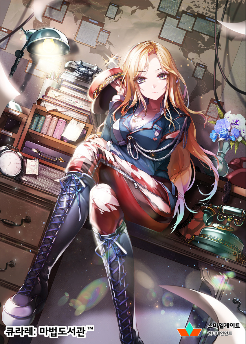 1girl alarm_clock armband bangs black_boots blonde_hair blue_shirt book boots breast_hold breasts cable cleavage clock collarbone company_name copyright_name corded_phone cowboy_shot cross-laced_footwear desk desk_lamp flower flower_pot hand_up hat high_heel_boots high_heels highres holding holding_hat indoors juliet_sleeves kanola_u knee_boots lace-up_boots lamp large_breasts leaf legs_crossed light_particles long_hair long_sleeves military military_uniform notes on_desk pants papers peaked_cap pen pencil pencil_case phone plant puffy_long_sleeves puffy_sleeves qurare_magic_library red_hat red_pants rotary_phone shirt sitting sitting_on_desk solo strap suitcase uniform unzipped world_map yellow_eyes