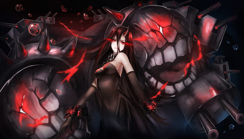 1girl absurdres air_bubble arms_at_sides bare_shoulders battleship_water_oni black_dress black_hair breasts cannon chains closed_mouth collar cuffs detached_collar dress expressionless eyebrows_visible_through_hair fire frown gloves glowing glowing_eyes hair_between_eyes highres horn kantai_collection lace lace_gloves large_breasts long_hair medium_breasts red_eyes serious shinkaisei-kan solo spikes straight_hair strapless strapless_dress turret underwater very_long_hair yun_lin
