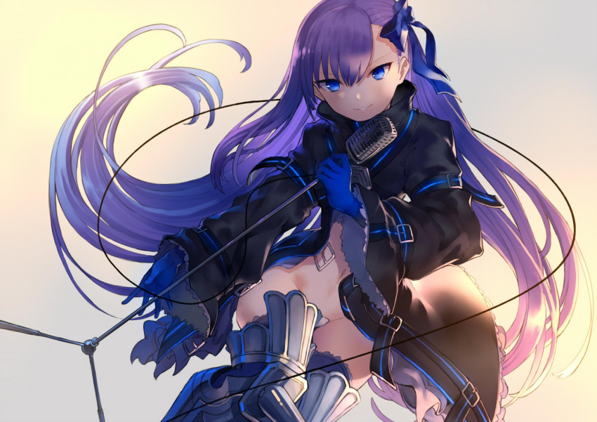 1girl armor armored_boots bangs belt blue_eyes blue_ribbon boots breasts coat cowboy_shot crotch_plate en@rain eyebrows eyebrows_visible_through_hair fate/extra fate/extra_ccc fate_(series) hair_ribbon knee_pads long_hair long_sleeves looking_at_viewer meltlilith microphone microphone_stand midriff navel no_pants parted_lips pointy_shoes purple_hair revealing_clothes ribbon shoes simple_background sitting small_breasts smug solo white_background