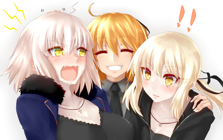 !! 3girls absurdres ahoge alternate_costume blush breasts cleavage closed_eyes collarbone cross cross_necklace dark_persona embarrassed erect_nipples fang fate/grand_order fate_(series) fujimaru_ritsuka_(female) fur_trim grin hand_on_another's_head hand_on_another's_shoulder highres jeanne_alter jewelry large_breasts minarai_tenna multiple_girls necklace necktie nose_blush open_mouth orange_hair pendant ponytail ruler_(fate/apocrypha) saber saber_alter short_hair sidelocks silver_hair slit_pupils smile tied_hair wavy_mouth yellow_eyes