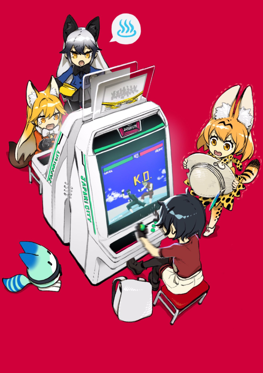 4girls animal_ears arcade_cabinet backpack bag black_hair black_shoes black_skirt bow bowtie bucket_hat chair check_commentary commentary commentary_request ezo_red_fox_(kemono_friends) fox_ears fox_tail gloves hat hat_feather highres jacket kaban_(kemono_friends) kemono_friends legs_crossed long_hair long_sleeves lucky_beast_(kemono_friends) miwa_shirou multiple_girls onsen_symbol pleated_skirt red_background red_shirt serval_(kemono_friends) serval_ears serval_print serval_tail shirt shoes short_hair shorts silver_fox_(kemono_friends) sitting sitting_on_object skirt striped_tail tail tearing_up trembling virtua_fighter washpan white_shorts yellow_eyes