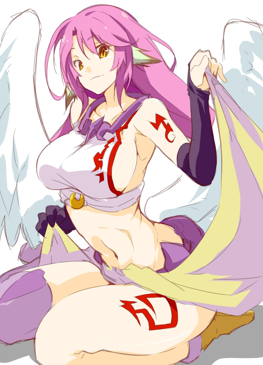 1girl angel_wings boots breasts feathered_wings gloves halo highres jibril_(no_game_no_life) large_breasts long_hair low_wings manabebebe midriff multicolored_hair navel no_game_no_life pink_hair sideboob skirt skirt_lift smile solo tattoo thigh-highs white_wings wing_ears wings yellow_eyes