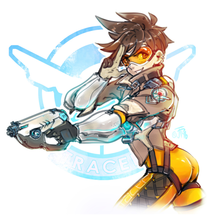 1girl ass bodysuit bomber_jacket brown_jacket commentary cross-laced_legwear ddhew goggles grin gun handgun holding holding_gun holding_weapon jacket orange_bodysuit overwatch pistol salute sleeves_pushed_up smile solo spiky_hair tracer_(overwatch) two-finger_salute weapon