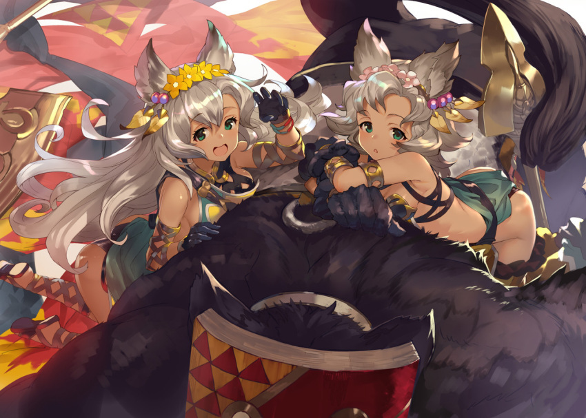 2girls :d animal animal_ears arched_back arm_up armlet ass bare_shoulders black_gloves bracelet breasts cleavage cross-laced_clothes cross-laced_footwear dark_skin earrings erun_(granblue_fantasy) flower gloves granblue_fantasy green_eyes grey_hair hair_flower hair_ornament hairband jewelry kneeling leaning_forward long_hair mask medium_breasts melleau multiple_girls nemone open_mouth paw_gloves paws polearm shirabi_(life-is-free) smile thigh-highs very_long_hair weapon