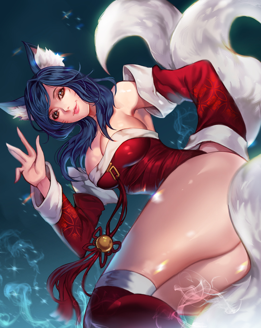 1girl :p ahri animal_ears ass bangs bare_shoulders blue_hair breasts brown_eyes chicle cleavage collarbone detached_sleeves dress eyelashes eyeliner fingernails fox_ears fox_tail gradient gradient_background hand_on_back hand_up highres korean_clothes large_breasts league_of_legends long_hair long_sleeves looking_at_viewer makeup multiple_tails nose parted_bangs parted_lips pink_lips red_dress red_legwear shiny shiny_skin smile smoke solo strapless strapless_dress tail tassel thigh-highs tongue tongue_out whisker_markings