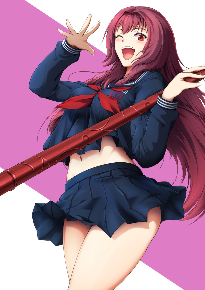 1girl blush bol_(liliymimi) breasts fate/grand_order fate_(series) gae_bolg highres holding holding_weapon lance large_breasts long_hair looking_at_viewer mature navel one_eye_closed open_mouth polearm purple_hair red_eyes ribbon scathach_(fate/grand_order) school_uniform skirt smile stomach two-tone_background weapon