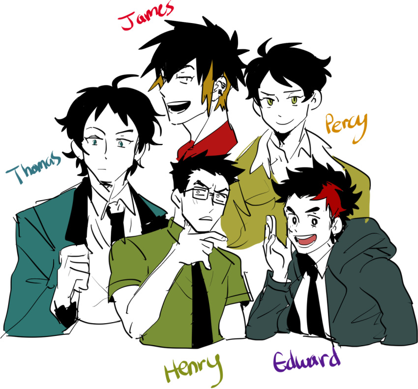 5boys black_hair blazer character_name chin_stroking ear_piercing edward_the_blue_engine glasses glasses_enthusiast henry_the_green_engine hood hoodie jacket james_the_red_engine male_focus multicolored_hair multiple_boys percy_the_small_engine piercing redesign school_uniform short_hair streaked_hair thomas_the_tank_engine thomas_the_tank_engine_(character) two-tone_hair upper_body