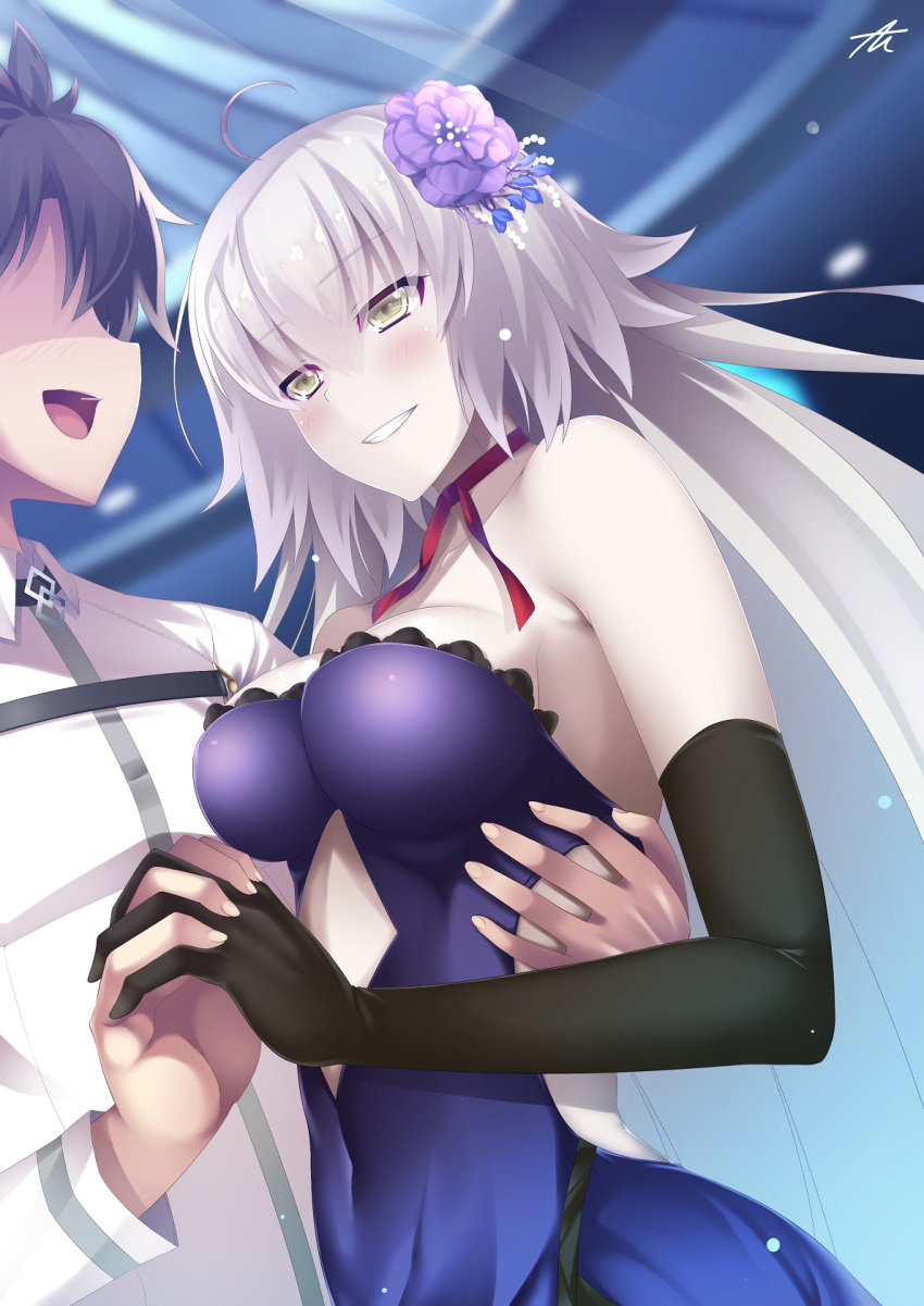 1boy 1girl :d ahoge armpit_peek asakura_kukuri bangs bare_shoulders black_gloves blue_dress blush breasts choker commentary_request couple covered_navel dancing dress elbow_gloves face-to-face fate/grand_order fate_(series) flower fujimaru_ritsuka_(male) gloves grin hair_flower hair_ornament hand_holding highres interlocked_fingers jeanne_alter long_hair medium_breasts open-back_dress open_mouth ribbon_choker ruler_(fate/apocrypha) silver_hair smile upper_body very_long_hair yellow_eyes