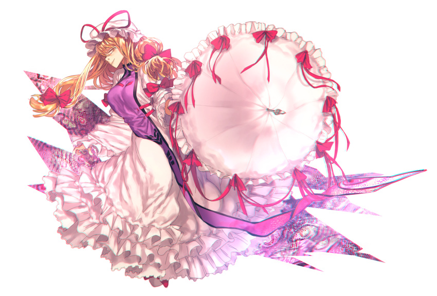 1girl aiming_at_viewer blonde_hair bow breasts chromatic_aberration contortion dress eyes flexible frilled_dress frills full_body gap hair_bow hair_ornament hat hat_ribbon highres holding holding_umbrella long_hair long_sleeves looking_at_viewer medium_breasts mob_cap pachyphytum parasol profile puffy_sleeves ribbon ribbon_trim simple_background smile solo tabard touhou umbrella white_background white_dress wide_sleeves yakumo_yukari yellow_eyes