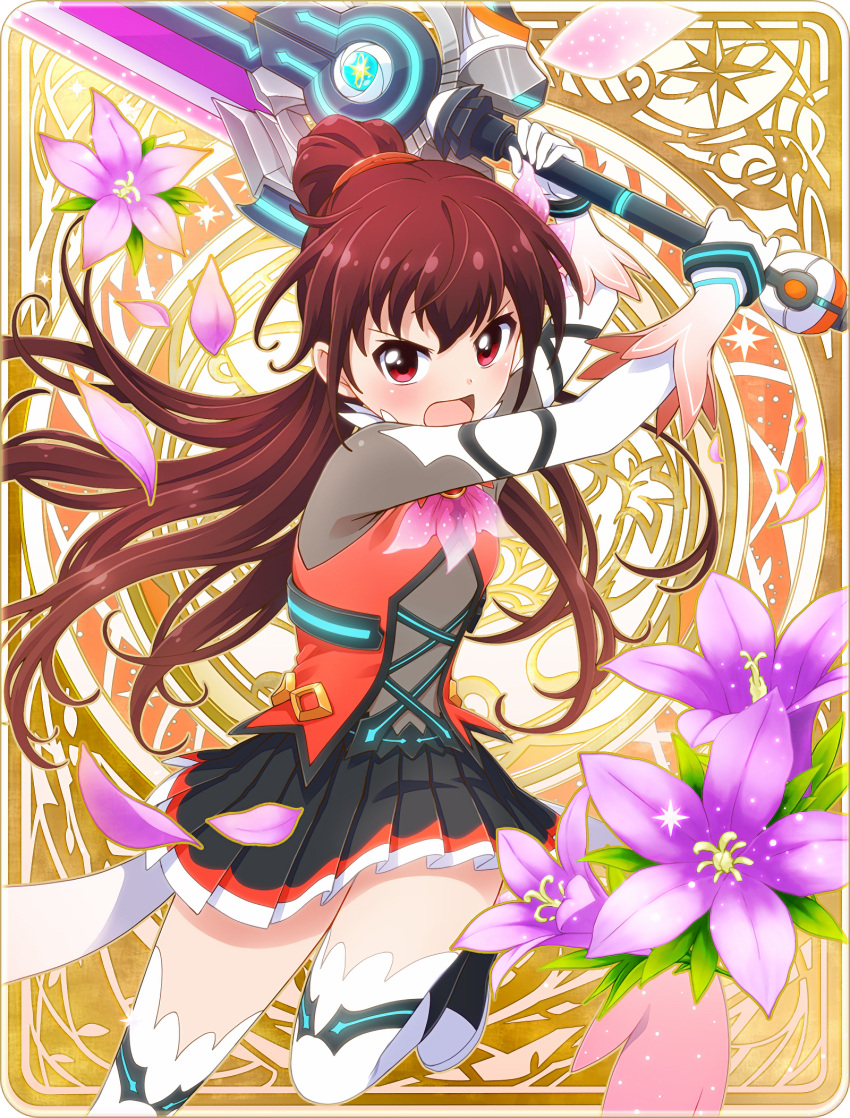 1girl battle_girl_high_school brown_hair colopl flat_chest flower gloves highres himukai_yuri long_hair looking_at_viewer official_art open_mouth petals ponytail red_eyes solo sword thigh-highs weapon