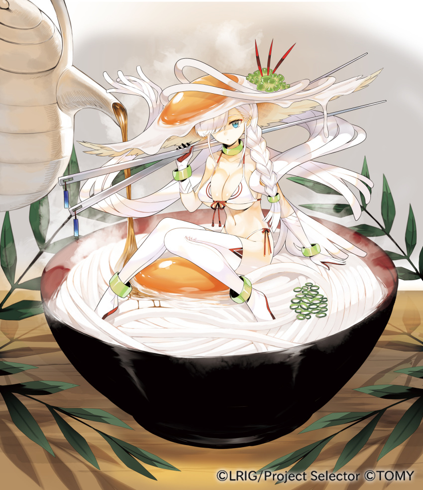 1girl bikini blue_eyes bowl braid breasts chopsticks cleavage food fried_egg gloves hair_over_one_eye highres large_breasts long_hair looking_at_viewer navel noodles official_art sitting solo swimsuit thigh-highs tokiti white_hair white_legwear wixoss