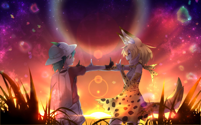 2girls :d animal_ears backpack bag black_gloves bucket_hat closed_eyes eyebrows_visible_through_hair from_side gloves grass green_hair hair_between_eyes hat hat_feather highres index_finger_raised inori_(xyz5568) kaban_(kemono_friends) kemono_friends koi_dance lens_flare multiple_girls open_mouth outdoors red_shirt serval_(kemono_friends) serval_ears serval_print serval_tail shirt short_sleeves shorts sleeveless sleeveless_shirt smile sun sunlight sunset tail white_shirt white_shorts