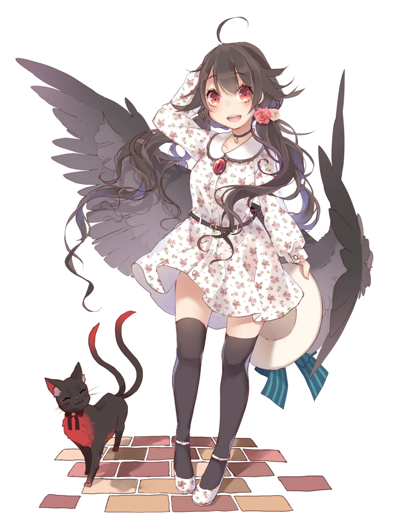 1girl :3 :d ^_^ ahoge alternate_costume alternate_hairstyle bakeneko bangs belt bird_wings black_cat black_hair black_legwear black_wings blush cat choker closed_eyes dress feathered_wings floral_print flower full_body hair_flower hair_ornament hat hat_removed hat_ribbon headwear_removed highres kaenbyou_rin kaenbyou_rin_(cat) long_hair long_sleeves looking_at_viewer low_twintails multiple_tails open_mouth over-kneehighs pink_rose print_dress puffy_long_sleeves puffy_sleeves reiuji_utsuho ribbon rose smile standing sun_hat tail thigh-highs third_eye touhou toutenkou twintails two_tails white_rose wings