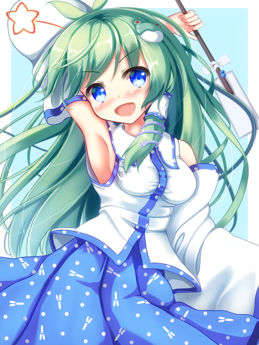 1girl arm_up armpits bare_shoulders blue_eyes blue_skirt blush breasts contrapposto detached_sleeves green_hair happy head_tilt highres kochiya_sanae long_hair medium_breasts oonusa open_mouth shirt skirt sleeveless sleeveless_shirt solo touhou unory very_long_hair