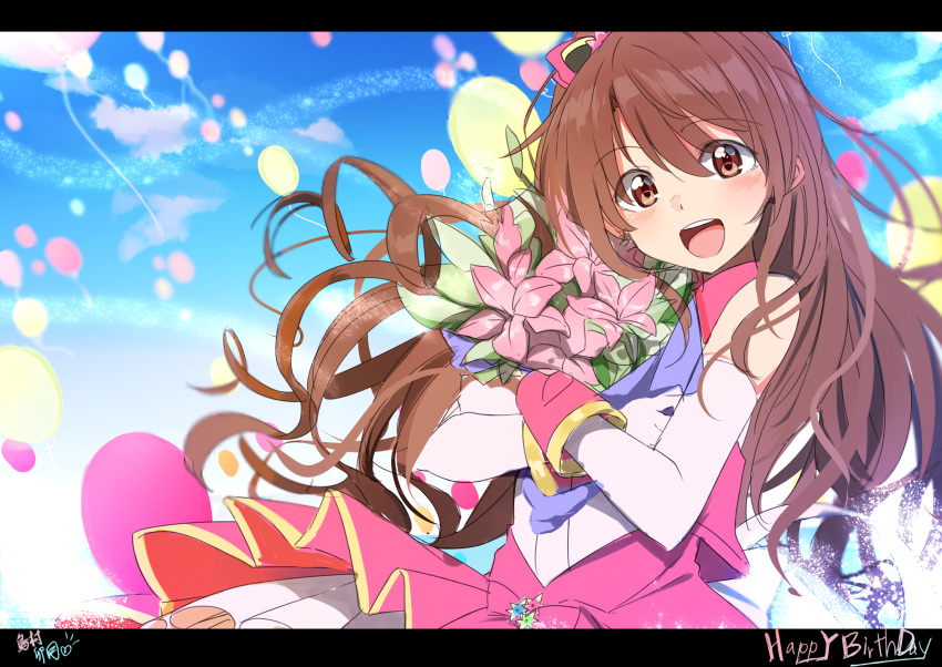 1girl balloon bangs birthday blue_sky blurry blush bouquet bow brown_eyes brown_hair character_name day depth_of_field detached_sleeves eyebrows_visible_through_hair flower hair_between_eyes hair_bow happy_birthday heart highres holding holding_bouquet idol idolmaster idolmaster_cinderella_girls kazenoko letterboxed long_hair looking_at_viewer one_side_up open_mouth outdoors pink_bow pink_flower pink_skirt shimamura_uzuki skirt sky sleeveless smile solo teeth